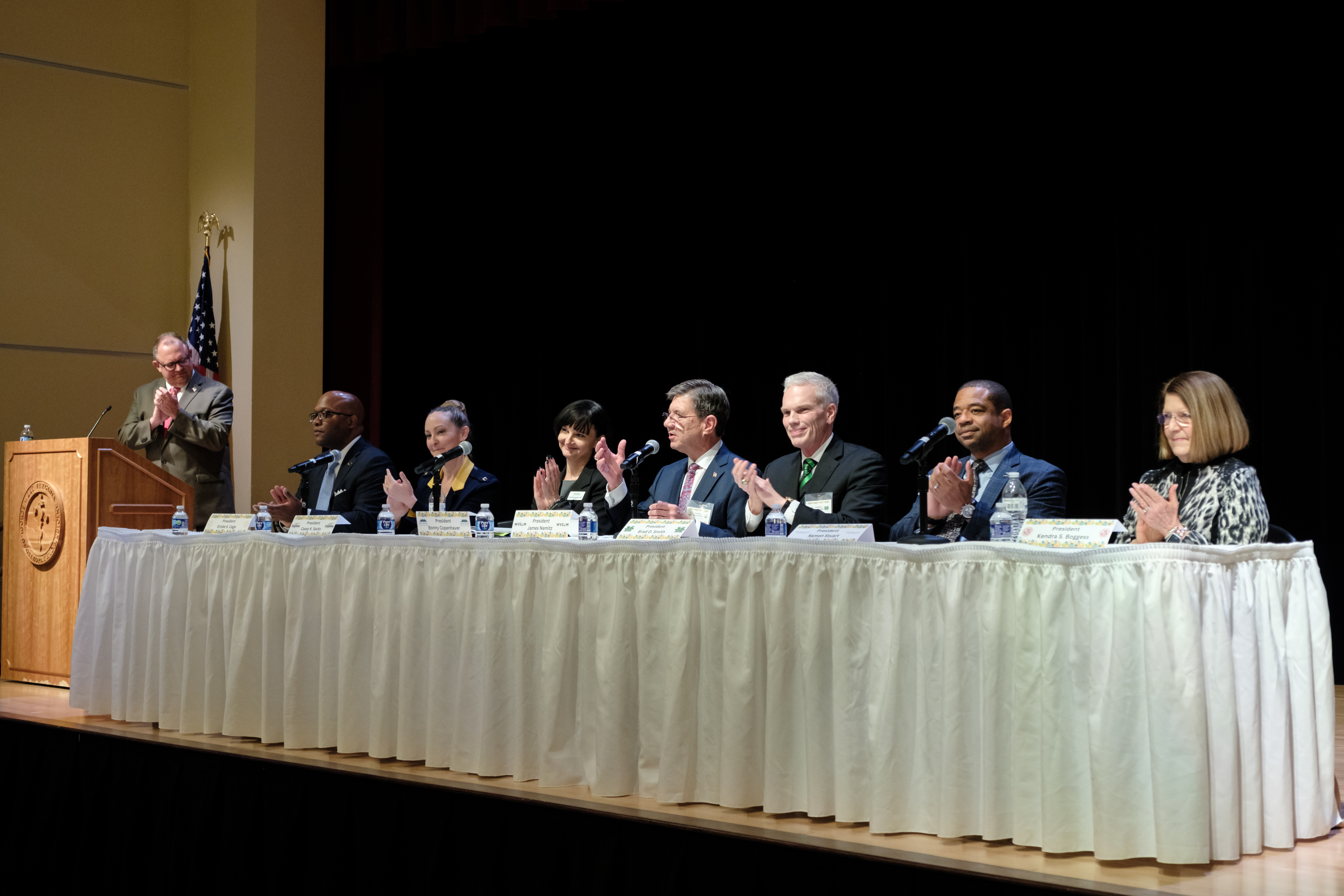 Seven college presidents sit for a panel discussion on Higher Education at WVSOM
