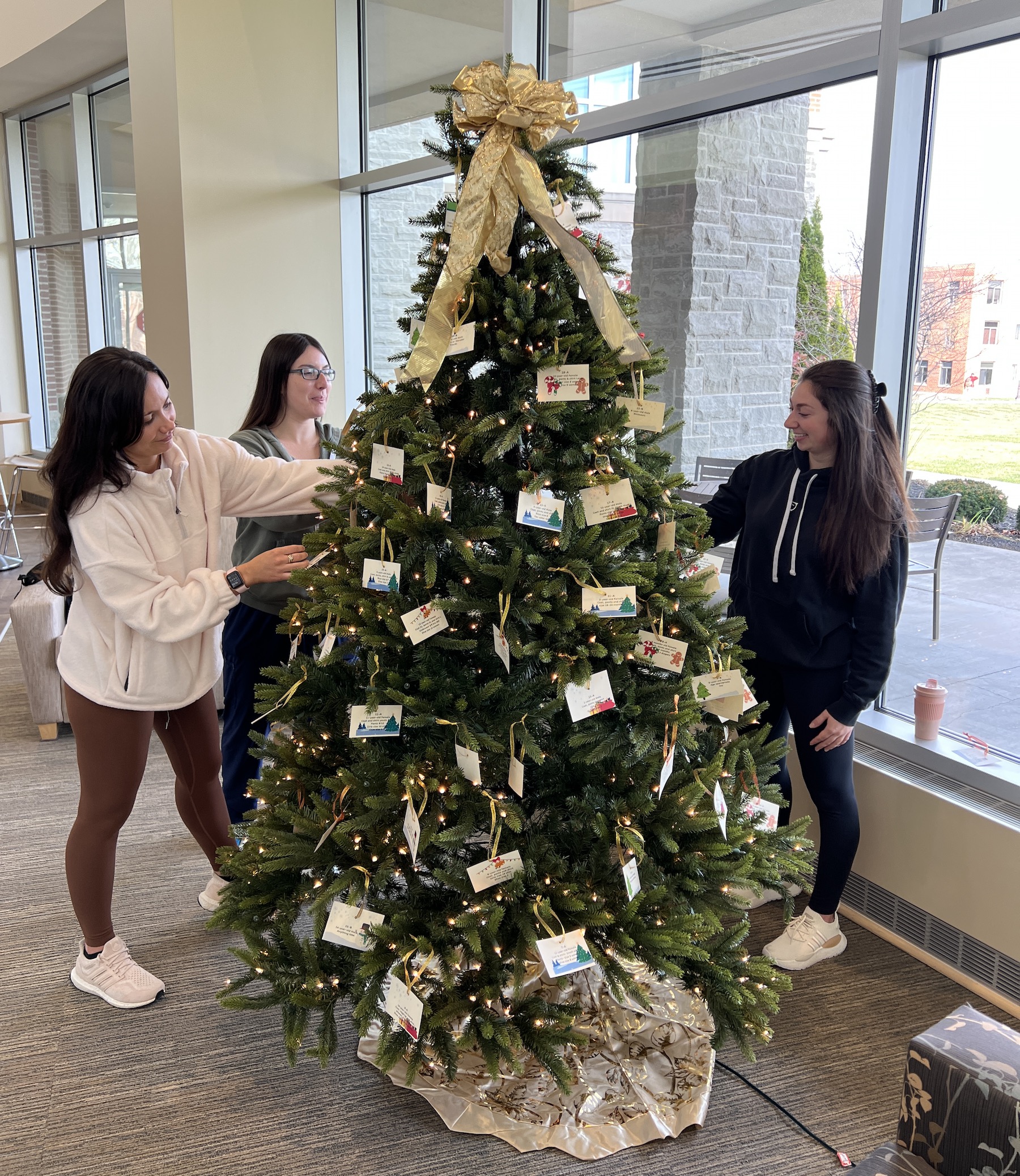 Three WVSOM students decorate an "angel tree" with names for the Christmas season. The students are from left, Alexandra Crawford, a second-year from Virginia Beach, Va.; Jaclyn Buttafuoco, a second-year from Chicago, Ill.; and Madison Dale, a second-year from Washington, Mich.