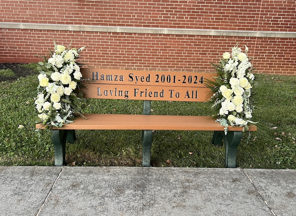 This bench has been dedicated in memory of Hamza Syed on the WVSOM campus.