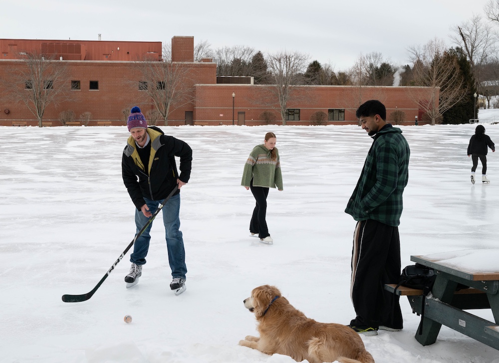 four people and a dog play on the ice