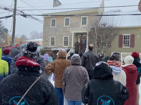 Man speaks to crowd in Lewisburg during the Martin Luther King Day events. 