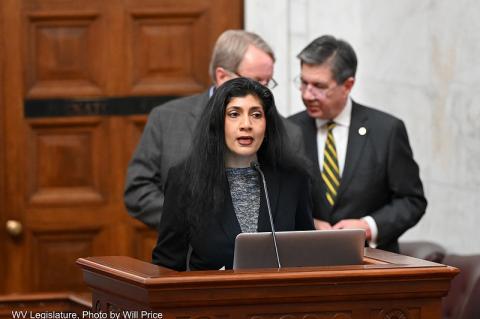 A woman speaks at at podium while two men talk behind her.