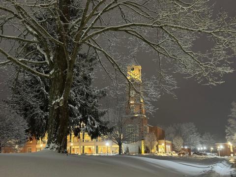 Photo of WVSOM building at night in the winter